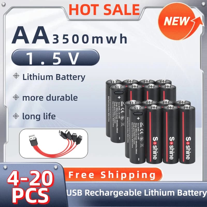 Batterie al Litio Ricaricabili USB 1.5V AA 3500mWh con Cavo 4-in-1 per Rilevatori di Fumo, Console di Gioco, Fotocamere, Giocattoli, Telecomandi