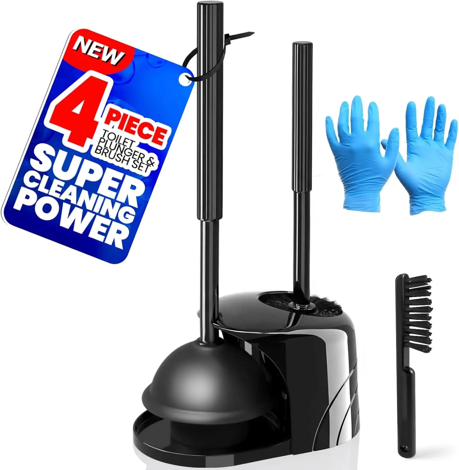 Set di 4 Pezzi con Spazzola per WC e Sturalavandini con Manico Allungato, Strumenti Neri per la Pulizia del Bagno per una Manutenzione Efficiente