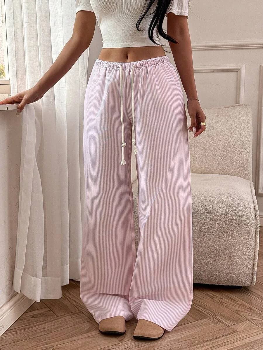 2026 Spring Summer Women Casual Pants Pajama Floor Length Trousers Stripe Sweet Home Pants Elastic Waist Drawstring Straight Leg