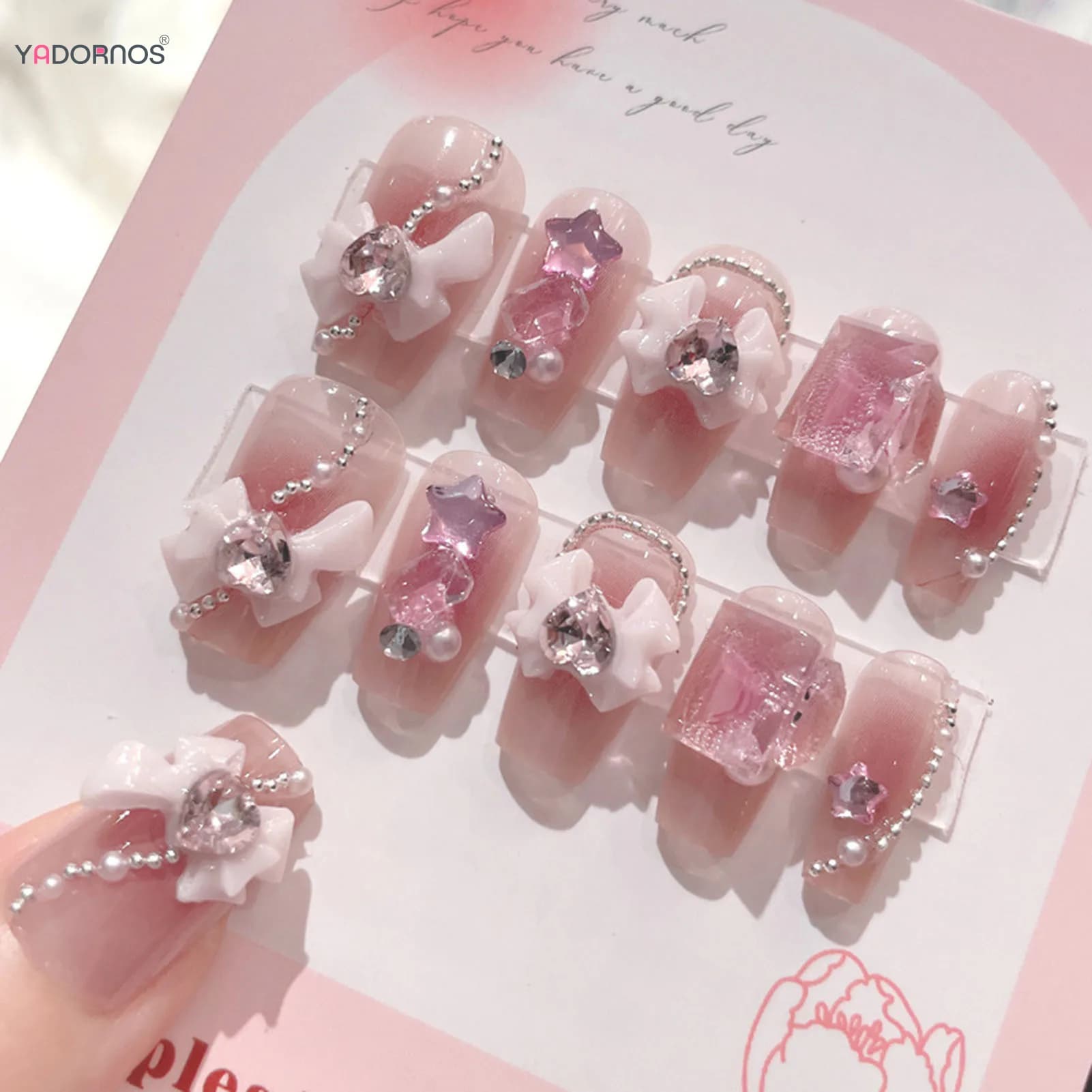 Unghie finte rosa cipria Bowknot Diamante Perla Design 3D Stampa sulle punte delle unghie con unghie con bordo liscio innocuo Donna Unghie finte fai da te