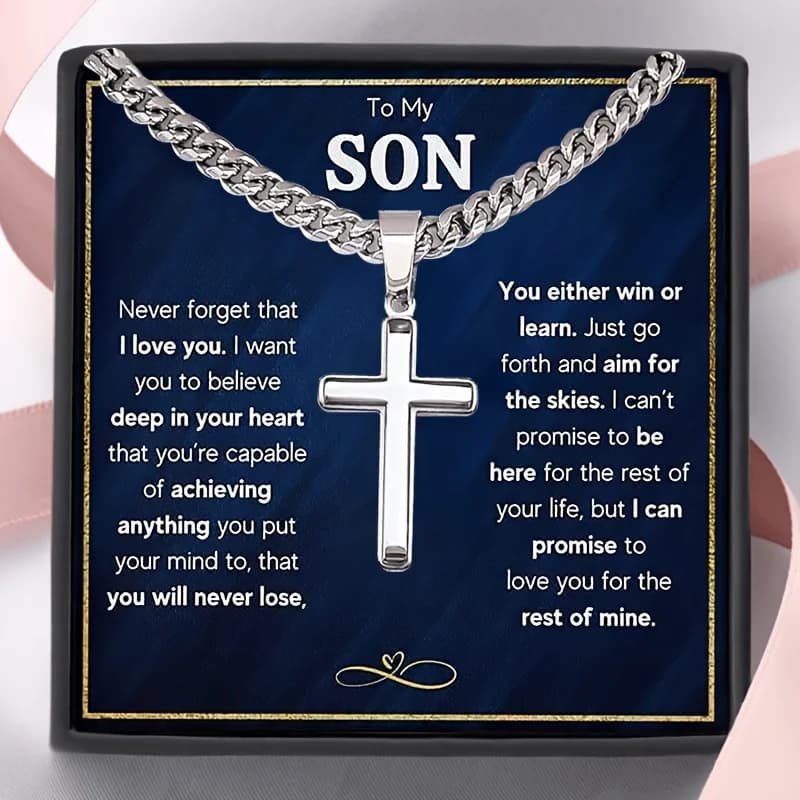 "Per mio figlio" collana a catena cubana con croce, regalo di compleanno per figlio, con confezione di carte e scatole regalo