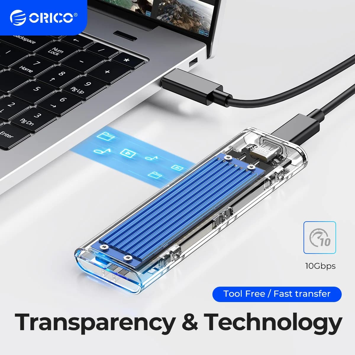 ORICO M2 SSD Custodia NVME SATA SSD Custodia Strumento gratuito 10 Gbps M.2 a USB Tipo C Adattatore esterno trasparente Supporto UASP Trim