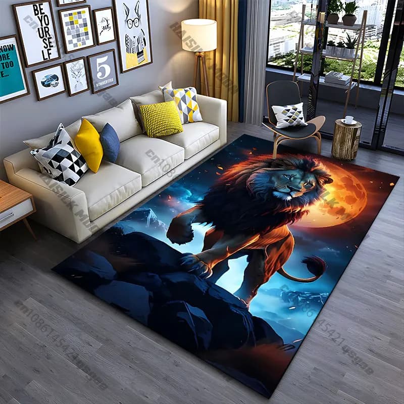 Majestoso leone sotto un tappeto con luna splendente, tappeto da yoga, decorazione per soggiorno, tappetino per bambini, tappeto per gattonare, tappetino per giochi.