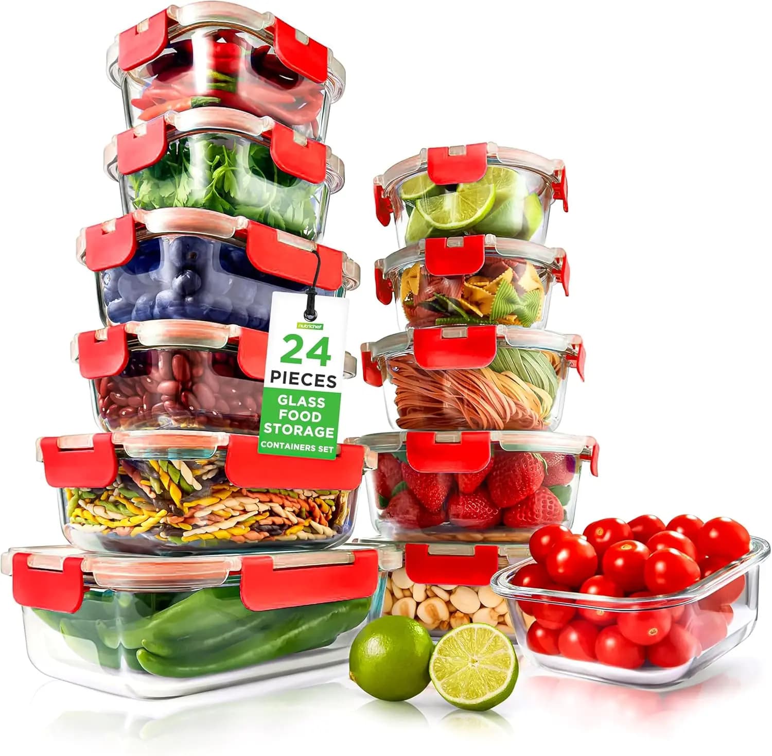 Set di 24 Contenitori in Vetro per Alimenti con Coperchi Ermetici, Chiusura a Cerniera per Preparazione Pasti, Uso in Cucina e Congelatore