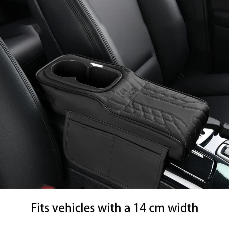 Scatola portaoggetti per auto, porta bicchieri, supporto per bracciolo, pad protettivo per console centrale, materiale in pelle, adatto per auto con una larghezza di 14 cm