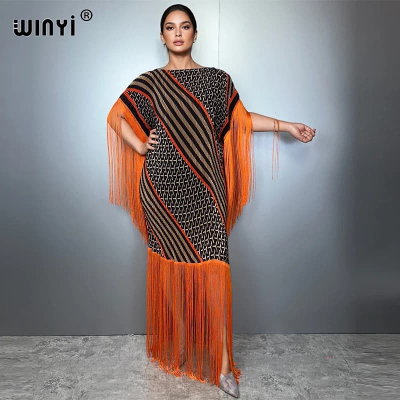 WINYI Long dress with fringes pleated summer Woman hooded boho dress loosened holiday evening dress elegant abaya dubai luxury