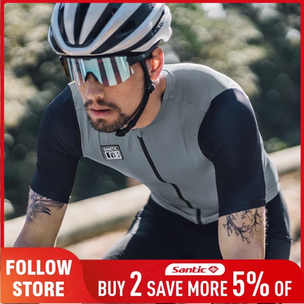 Santic Men's Slim Fit Summer Cycling Jersey Breathable Quick-Dry UV Protection Full-Zip Bike Shirt Clearance Reflective MTB Tops