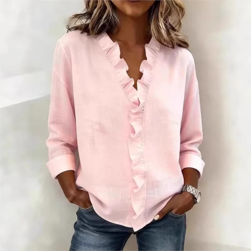 Camicette Casual da Donna Moda Primavera Estate 2026 a Maniche Lunghe con Scollo a V e Volant, Tinta Unita, Top Larghi per Ufficio Donna