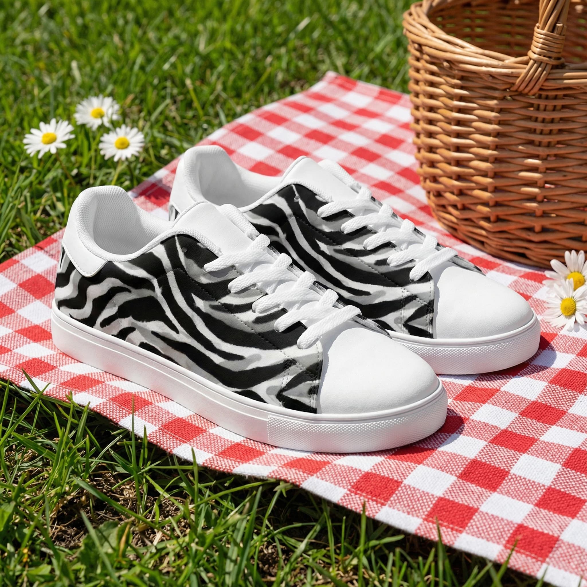 Scarpe sportive casual bianche con semplice stampa zebrata nera, che combinano eleganza e comfort, adatte sia per uomo che per donna.