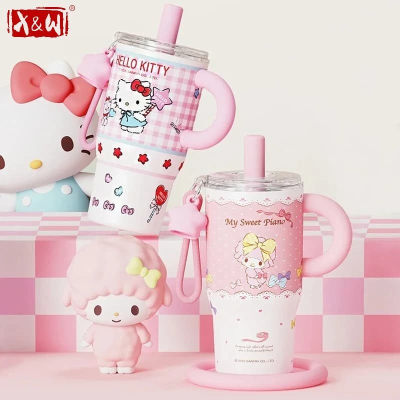 X&W Sanrio Tazza Termica 580ml HelloKitty in Acciaio Inox con Cannuccia e Manico, Bottiglia d'Acqua Portatile, Tumbler per Auto