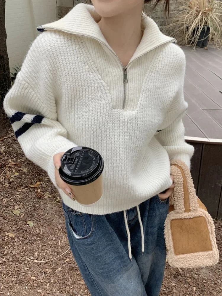 Women's Korean Style Grey Turtleneck Knit Sweater High Collar Zipper Pullover Vintage White Fashion Sweater