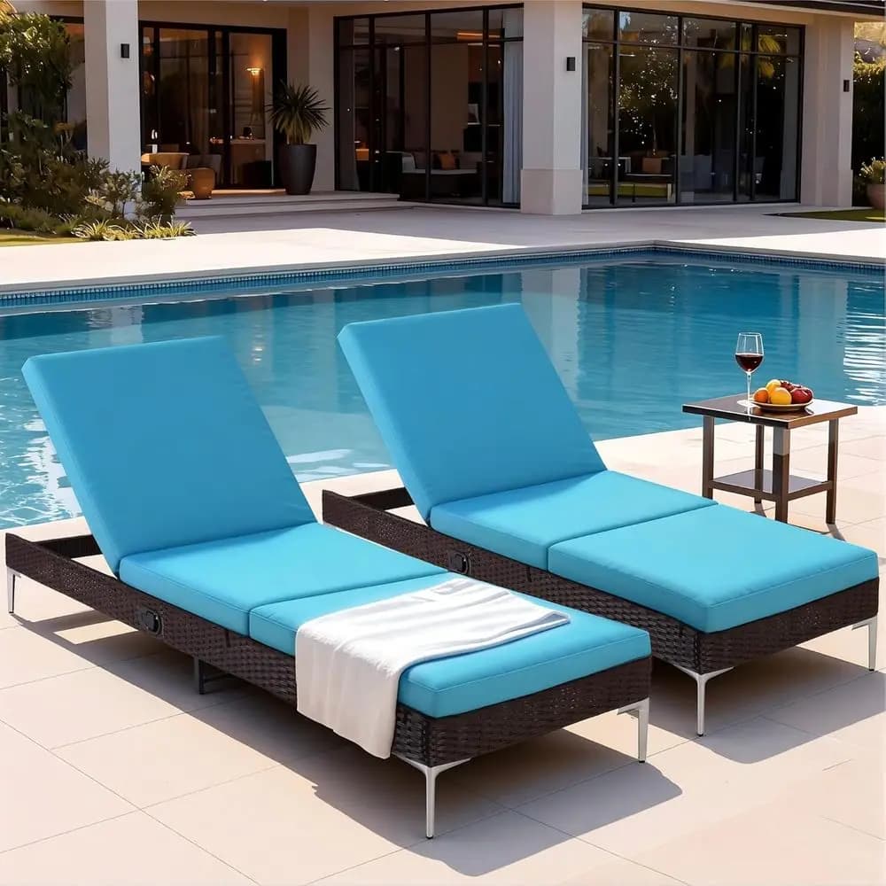 Set di 2 sedie lounge da esterno, chaise longue in vimini per patio con cuscino rimovibile, poltrone reclinabili in rattan per piscina con regolazione