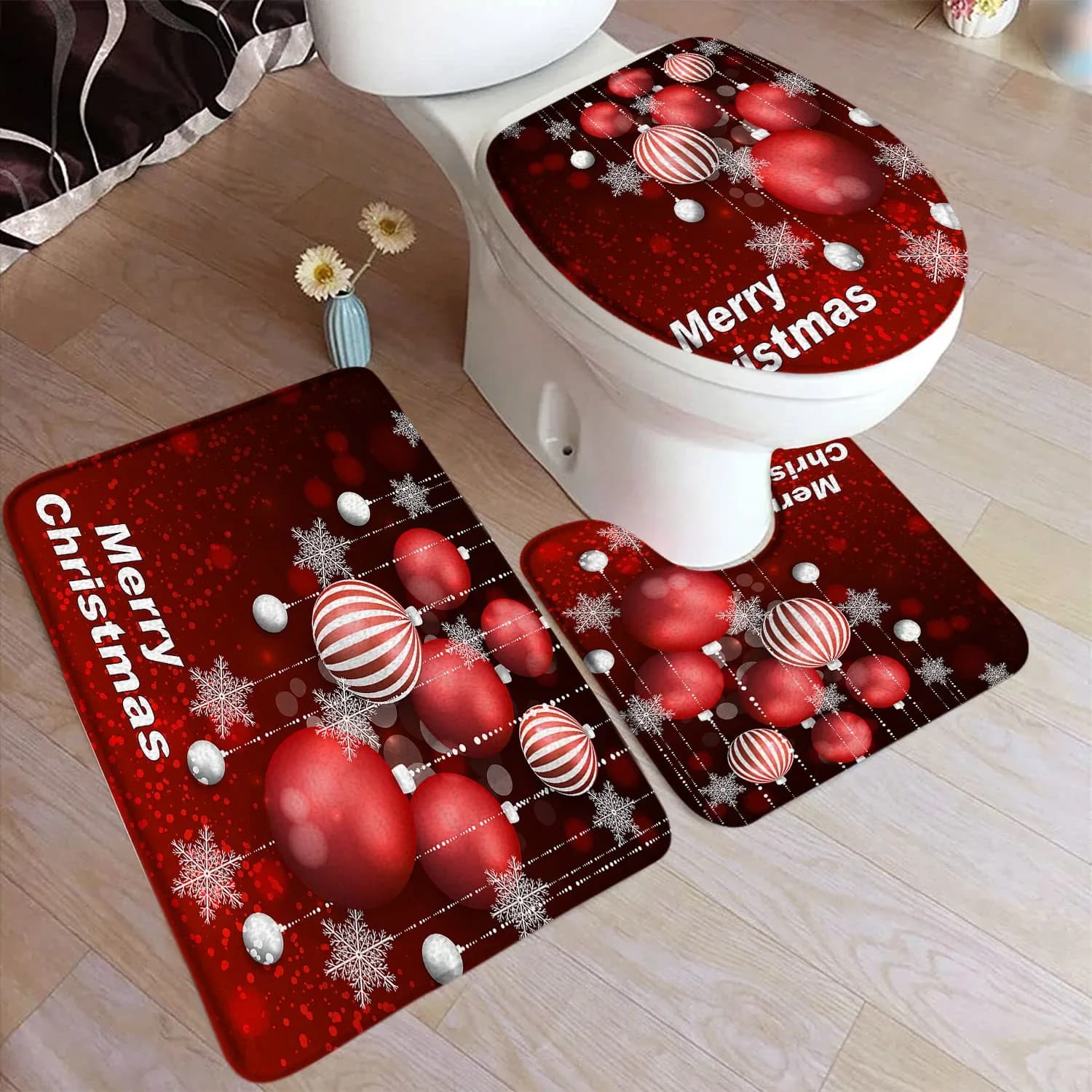 Set tappetino da bagno natalizio Palline di Natale rosse Fiocchi di neve Pupazzo di neve Babbo Natale Capodanno Tappetino antiscivolo per WC Set di accessori per il bagno
