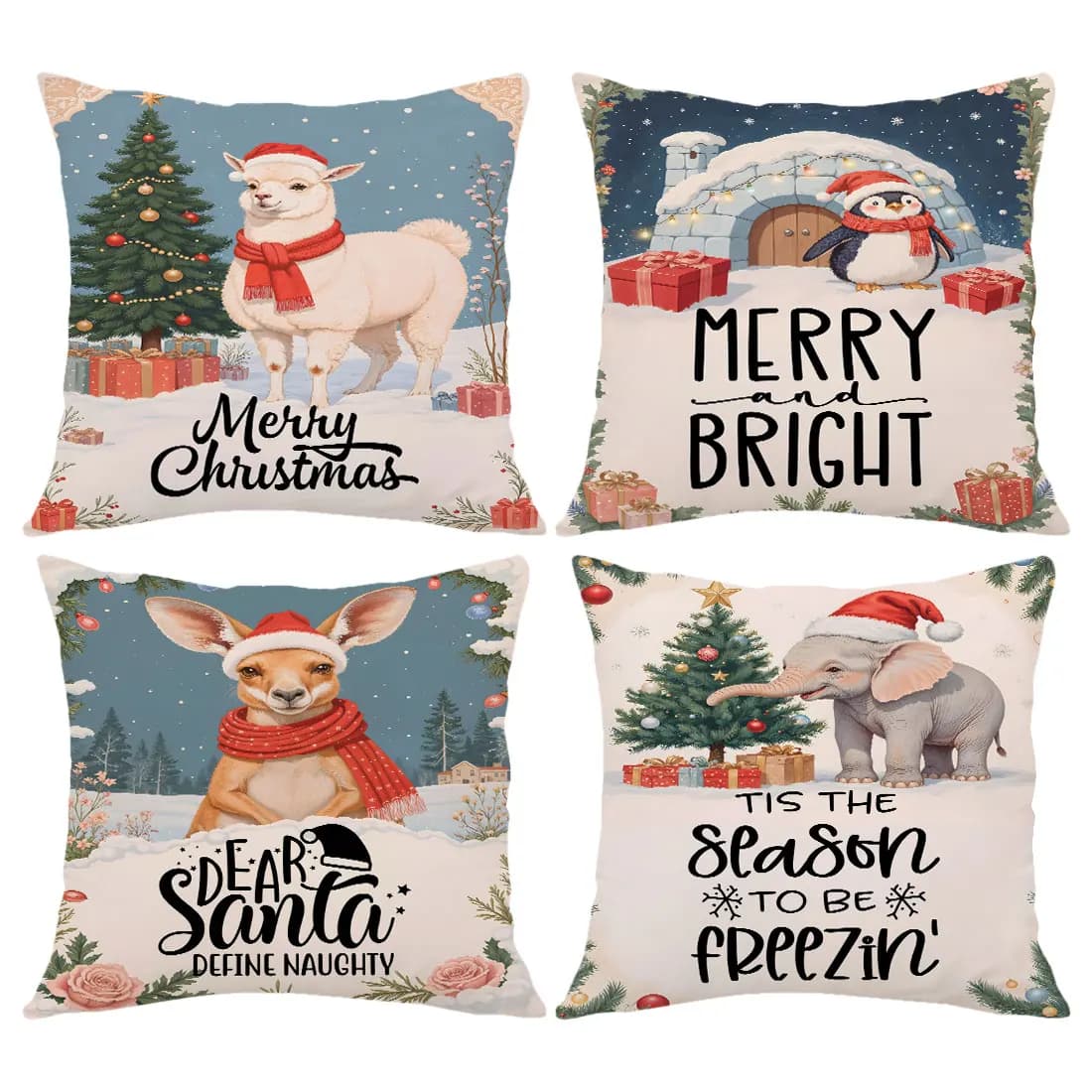 Fodera per cuscino natalizio da 45 cm, elefante canguro pinguino di Natale, "Merry Christmas" per la decorazione della fodera per cuscino del divano di casa
