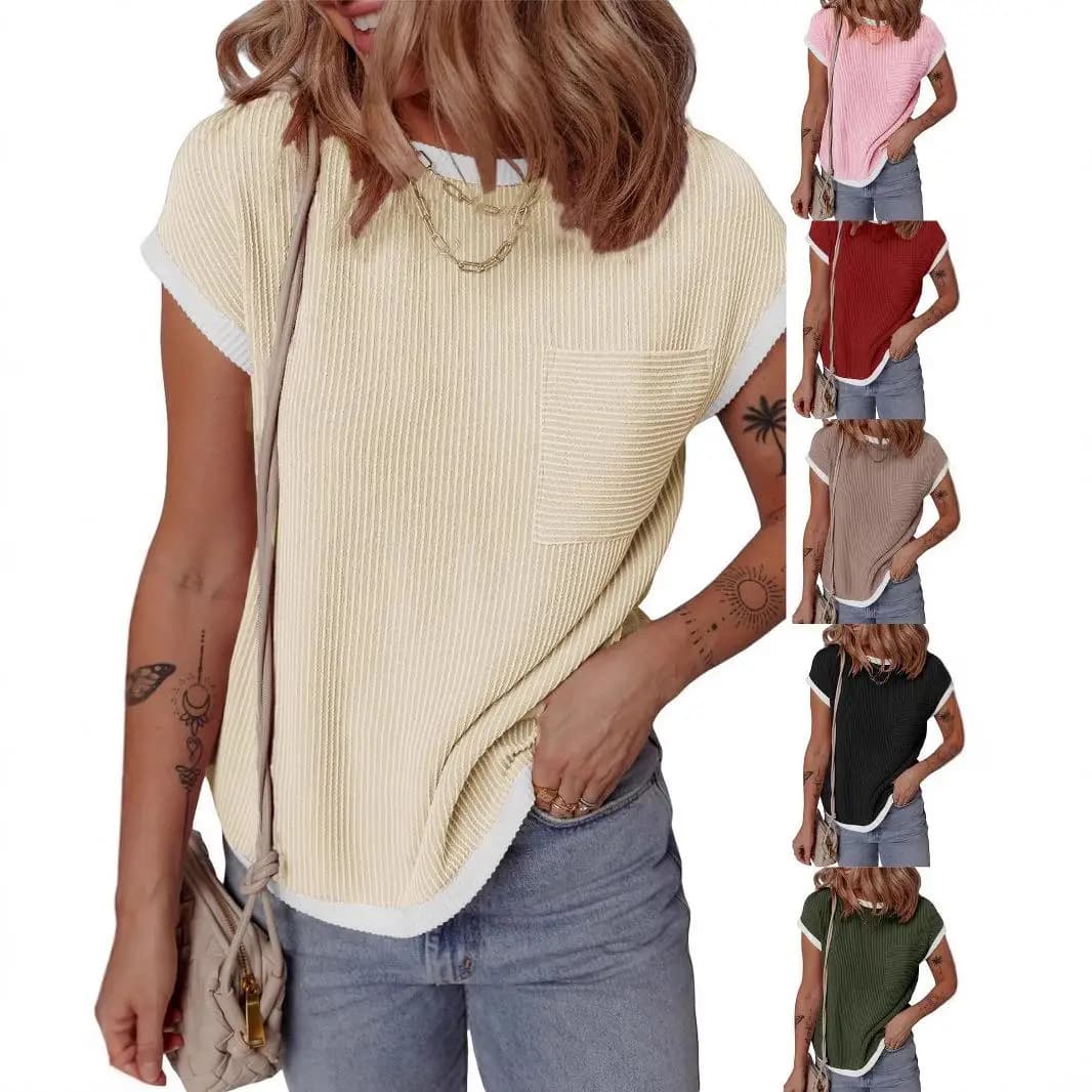 Maglietta da donna a maniche corte in maglia, stile casual per il tempo libero, tinta unita, con maniche regolari, moda invernale da donna