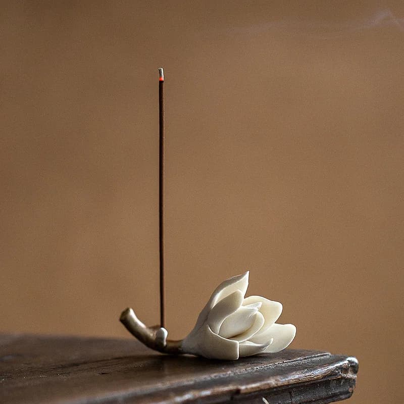 Premium Elegant Handmade Ceramic Magnolia Incense Stick Holder and Brush Rest Tea Room Decor Ornament for Home Office Desk Table