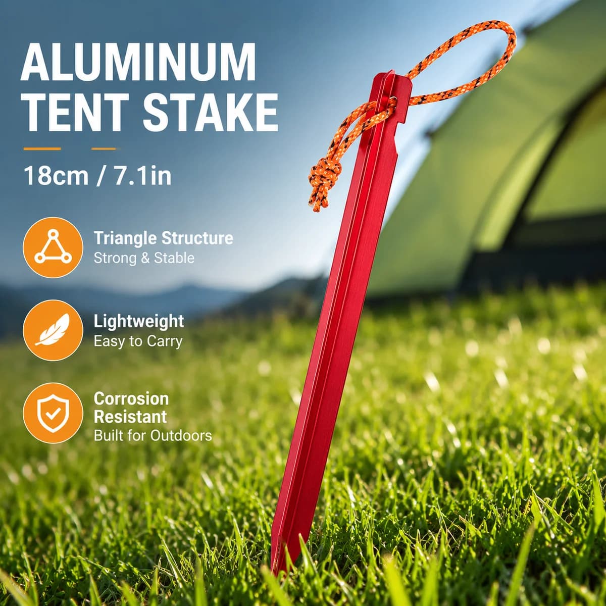 1Pcs Red Aluminum Alloy Tent Stake 18cm Lightweight Triangular Ground Peg with Pull Rope for Camping Tarp Canopy