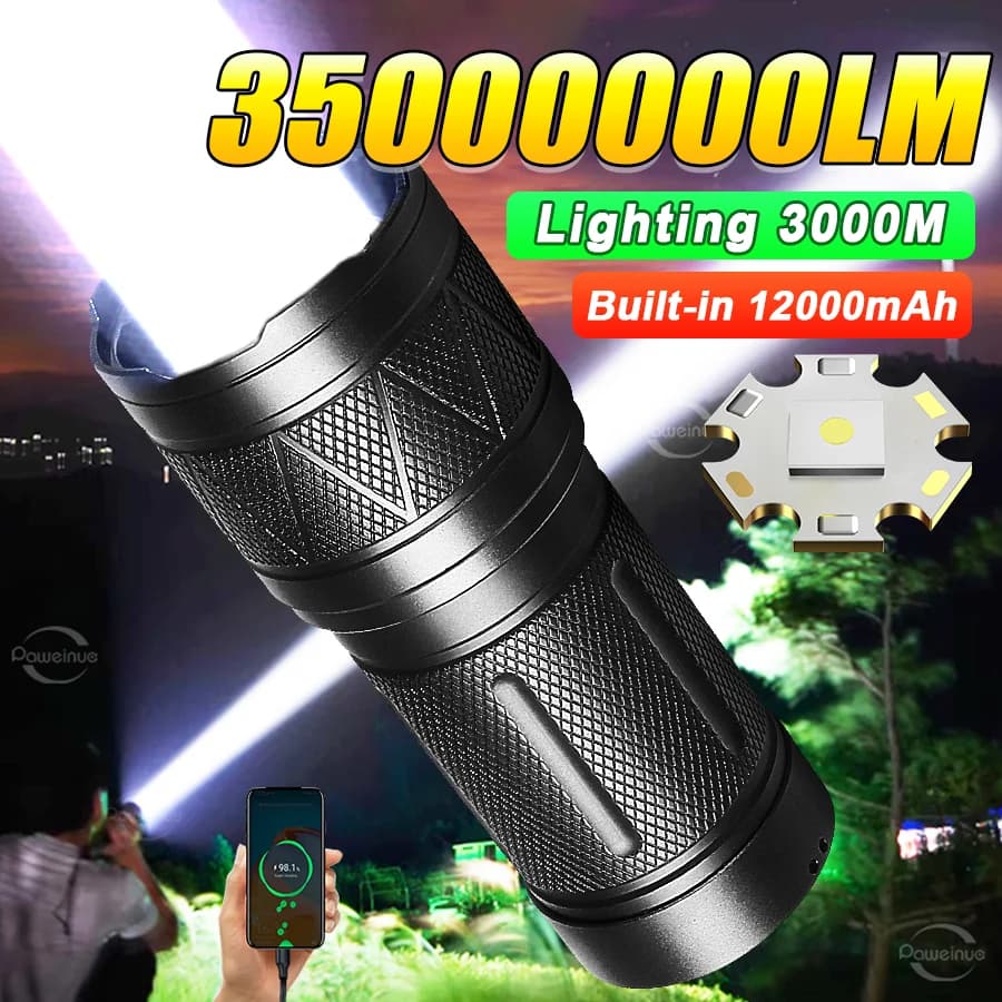 3500000LM Super Bright Flashlight Most Powerful Torch Lighting 3km Lamp 12000mAh Rechargeable LED Light Portable Camping Lantern