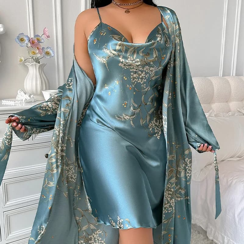Twinset Abito Abito Set Plus Size Stampa Donna Accappatoio Camicia da notte Lingerie Set di indumenti da notte Kimono estivo Pigiama in raso setoso