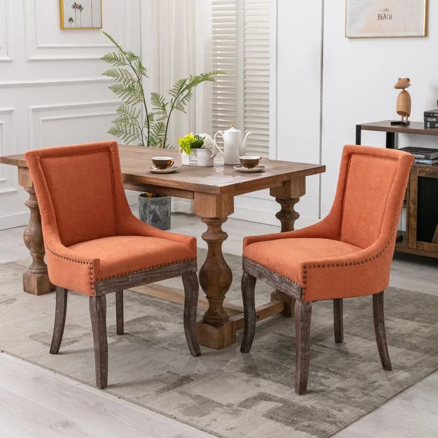 Mobili; Sedia da pranzo Ultra Side; Sedie in tessuto ispessito con gambe in legno massello dai toni neutri; Testa del chiodo in bronzo; Set di 2