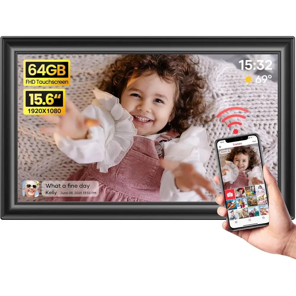Cornice Digitale 15.6 Pollici 64GB, Schermo Touch IPS HD 1920x1080, Condivisione Foto a Distanza, Regalo Ideale per i Propri Cari