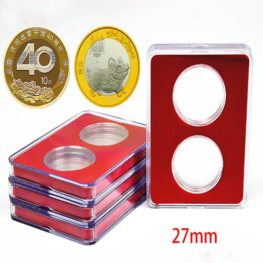 27mm 30mm Etichetta piccola Grado IDENTIFICAZIONE 2 Porte lastre Display Scatola di immagazzinaggio raccolta monete di colore rosso