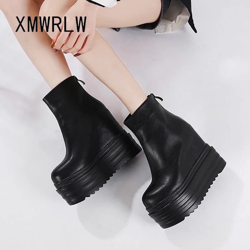XMWRLW 2025 Donna Autunno Inverno Stivaletti in pelle PU Moda Tacchi alti 13 cm Stivale con plateau femminile Scarpe con suola in gomma da donna