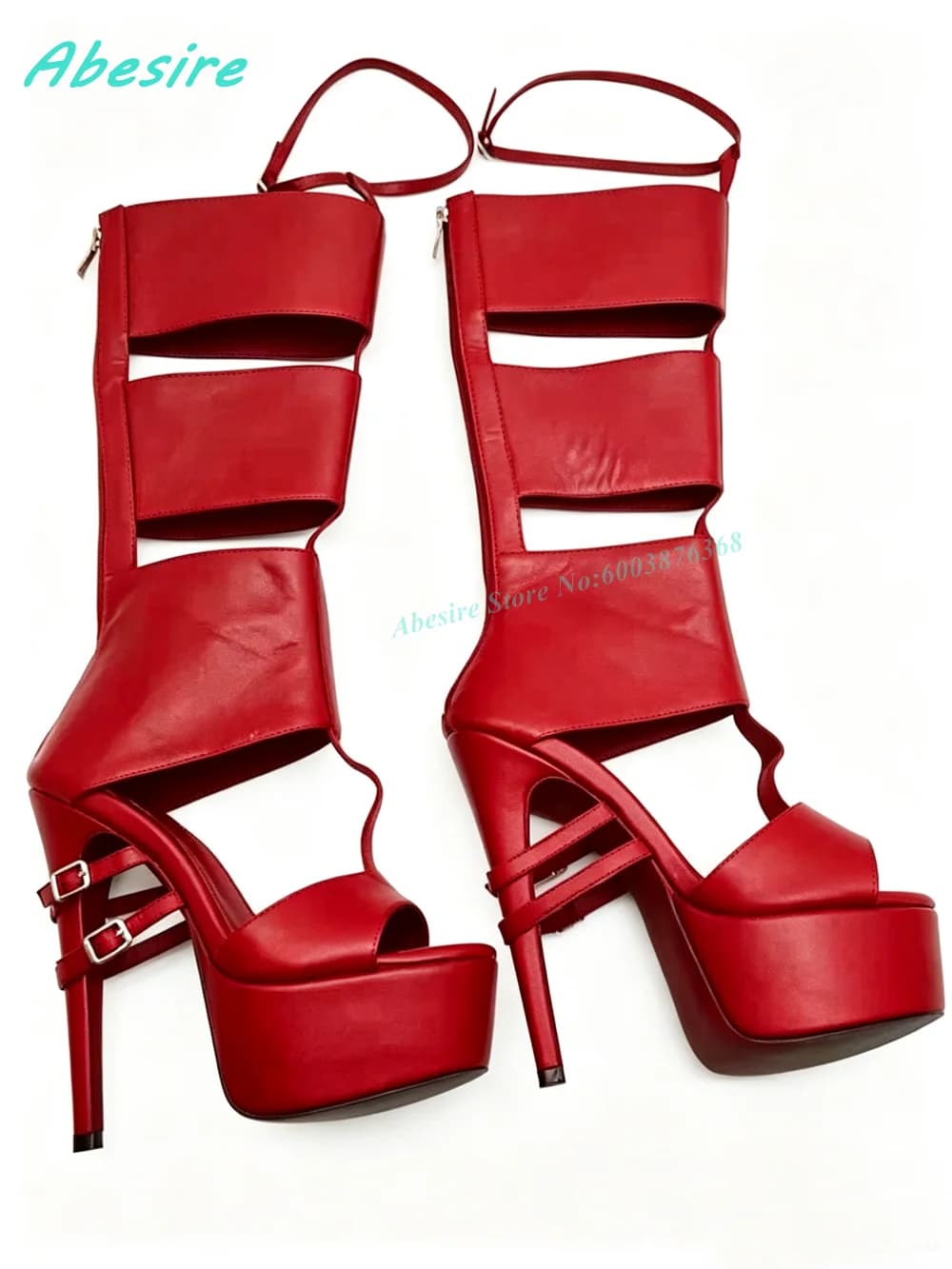 Red Faux Leather Cutout Gladiator Knee High Sandal Boots Peep Toe Back-Zipper Thin Heel Women's Sandals Sexy Club Stage Shoes