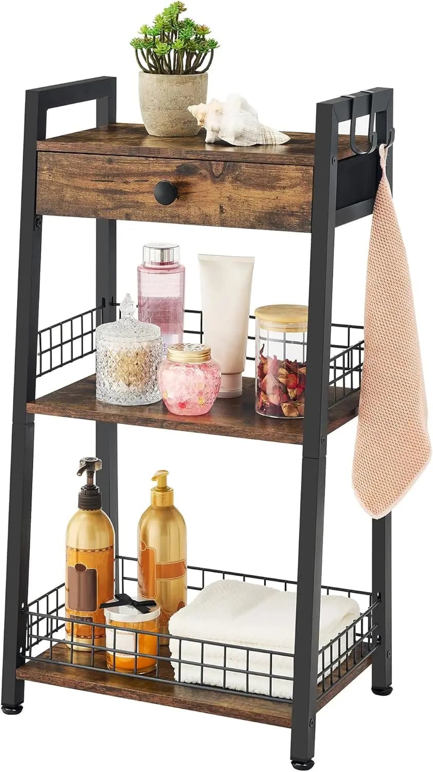 3-level shelf with drawer, rustic brown furniture for bathroom, living room, bedroom, kitchen, organizer for small spaces