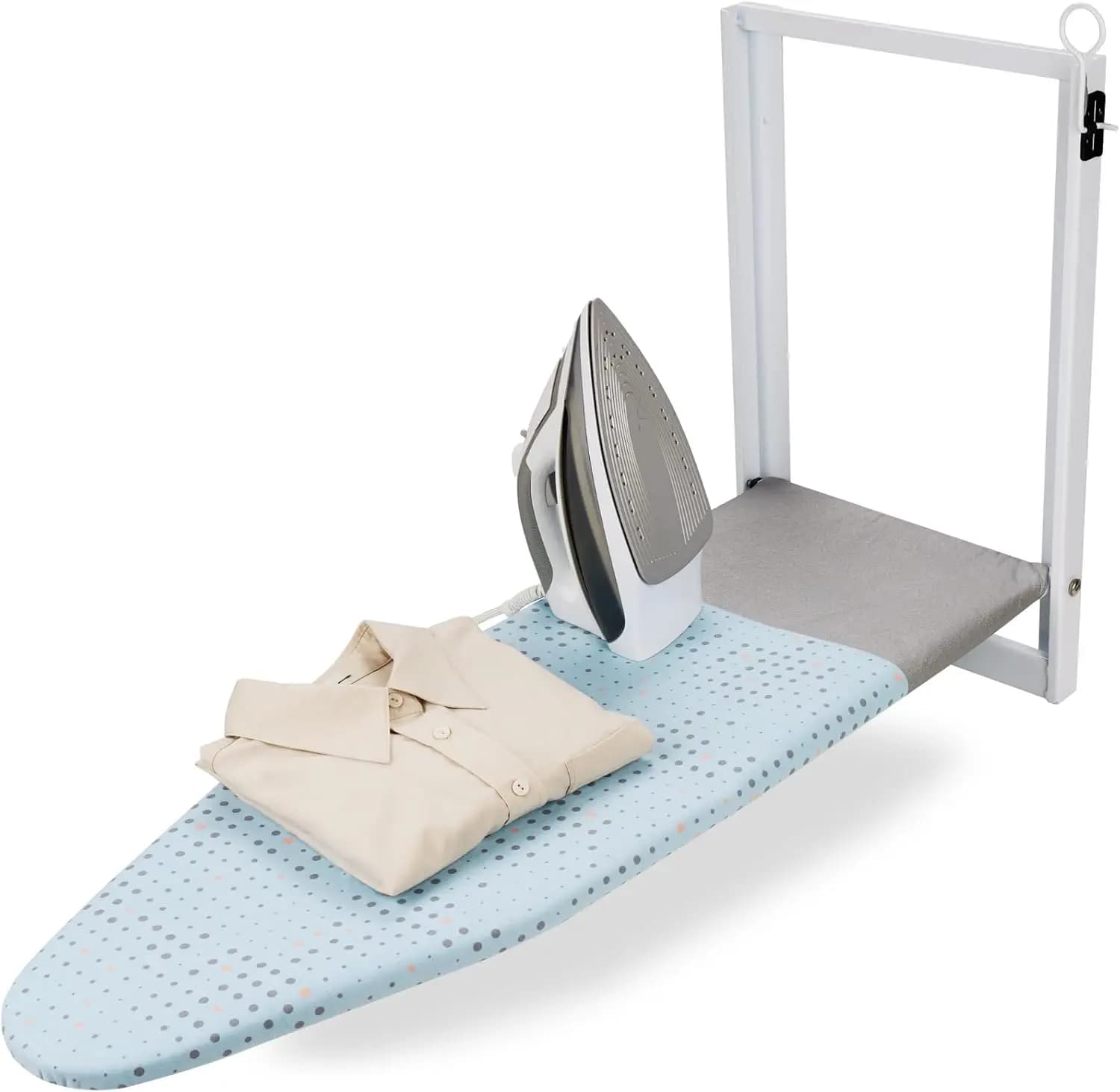 Asse da Stiro Compatta a Parete, 91x30 cm, Design Pieghevole con Rivestimento in Cotone Rimovibile, Pois Blu