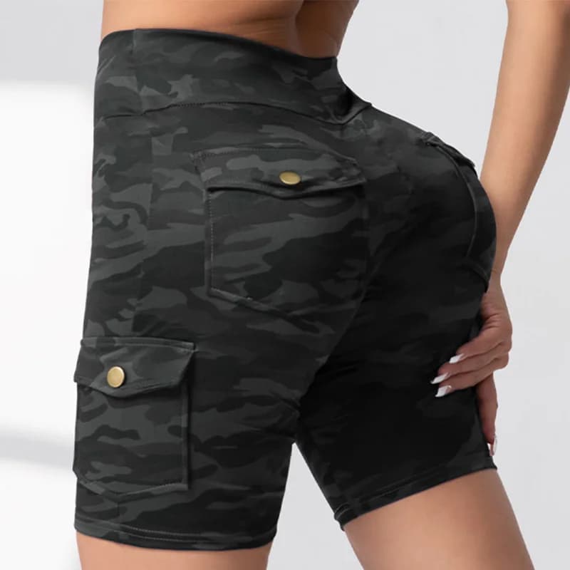 CHRLEISURE New mimetic printed yoga shorts with pockets High waist elastic jogging shorts for lifting your butt