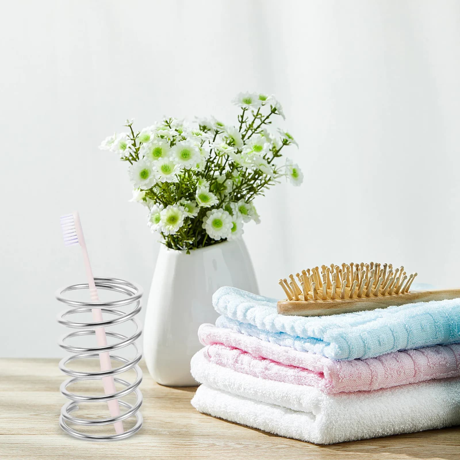 Premium Stainless Steel Spring Toothbrush Holder Bathroom Countertop Organizer Toothbrush Makeup Brush Storage Rack Airflow