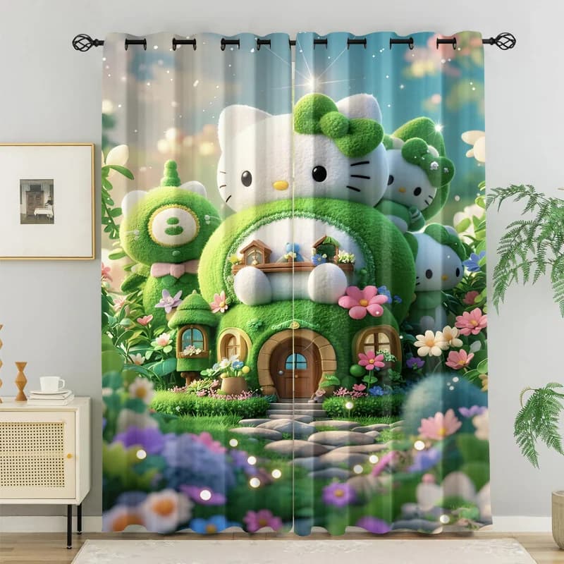 Sanrio Hello Kitty Green Mossy Fairy House Tende per finestra, tende carine e kawaii per la camera da letto delle ragazze, set di 2 pannelli