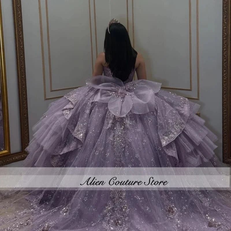 Lavender Shiny Quinceanera Dresses Ball Gown Applique Lace Beading Crystal Bow Tull Sweet 16 Dress Vestidos Customized