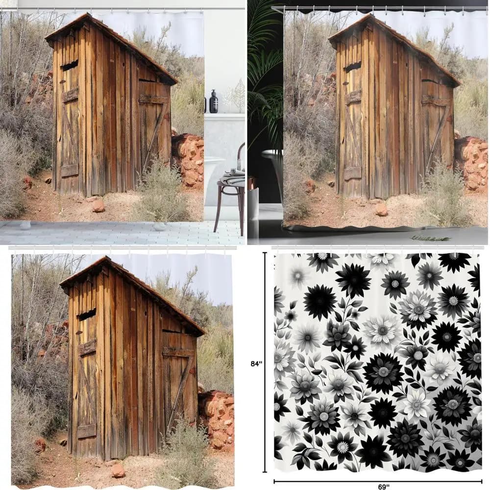 Tenda da doccia rustica con capannone in legno, scena di coltivazione d'oliva in campagna, set di accessori da bagno in tessuto