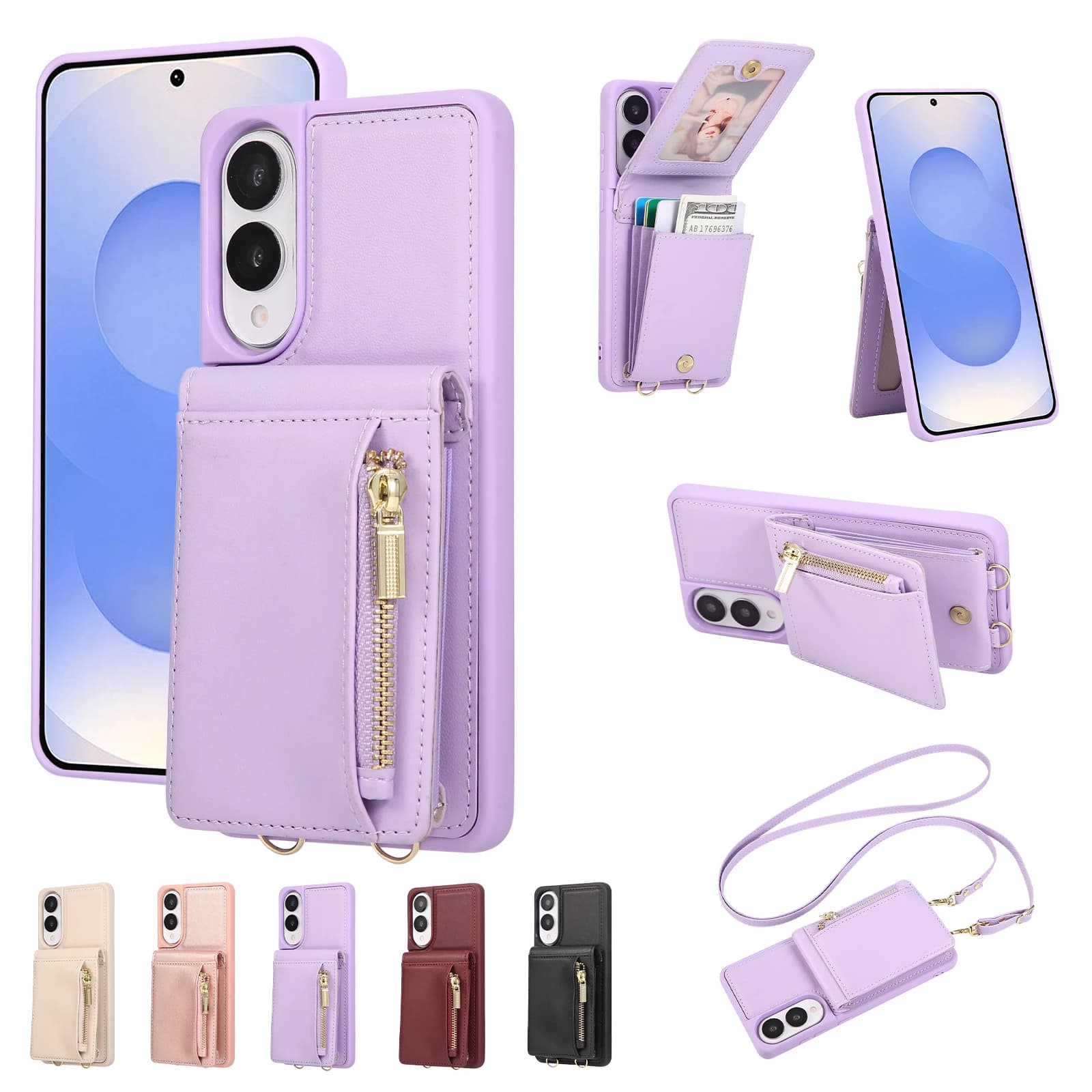 Carte con cerniera a tracolla Solt Portafoglio Custodia in pelle per Samsung S25 Ultra S24 Plus S23 S22 A13 A04 Cavalletto antiurto Cover