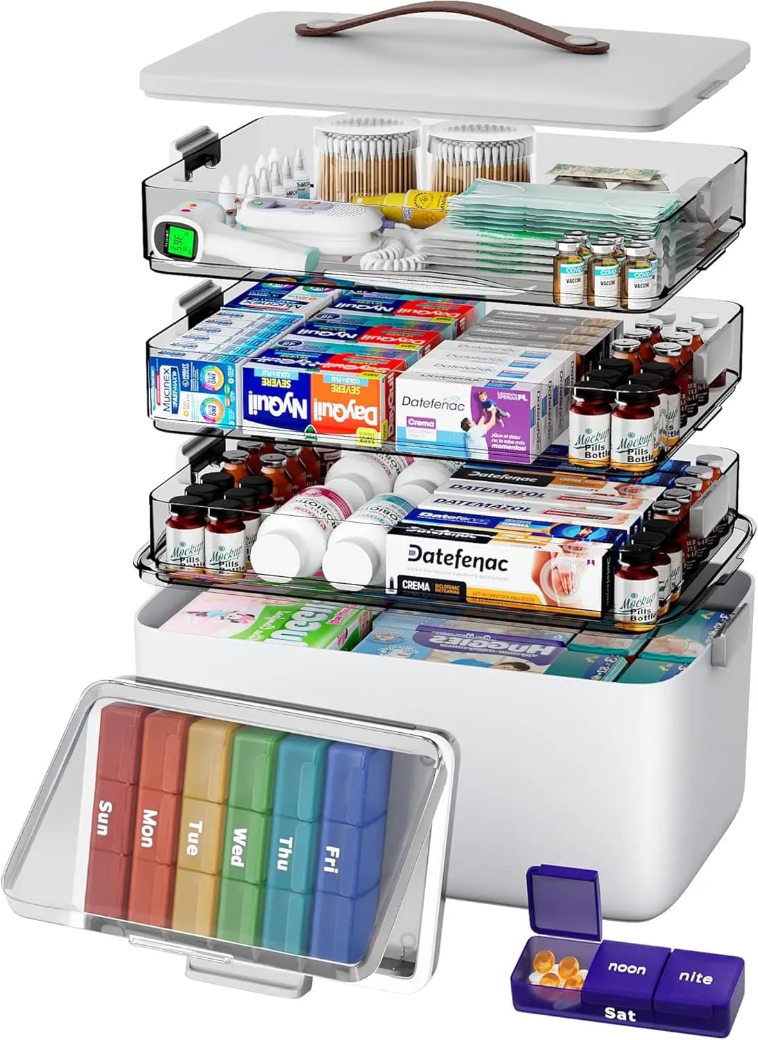 Organizzatore di Medicinali XL a 4 Livelli con Manico in Pelle - Portapillole Portatile e Kit di Pronto Soccorso Vuoto per Casa, Viaggi, Camper, Scuola, Viaggi in Auto