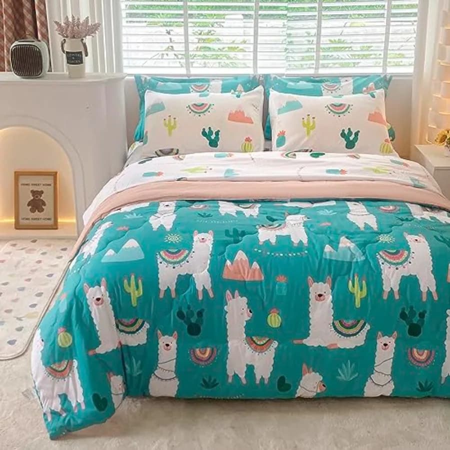 Comforter Set Bed in A Bag Size 7 Pcs Cute Alpaca Tropical Plant Cactus Bedding Set for Girls Boys 1 Comforter, 1 Flat Sheet, 1