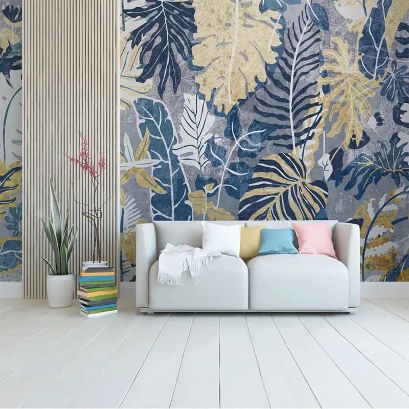Customized 3D Large mural blue gold leaves wallpaper in waterproof canvas for bedroom living room TV sofa background wall decoration