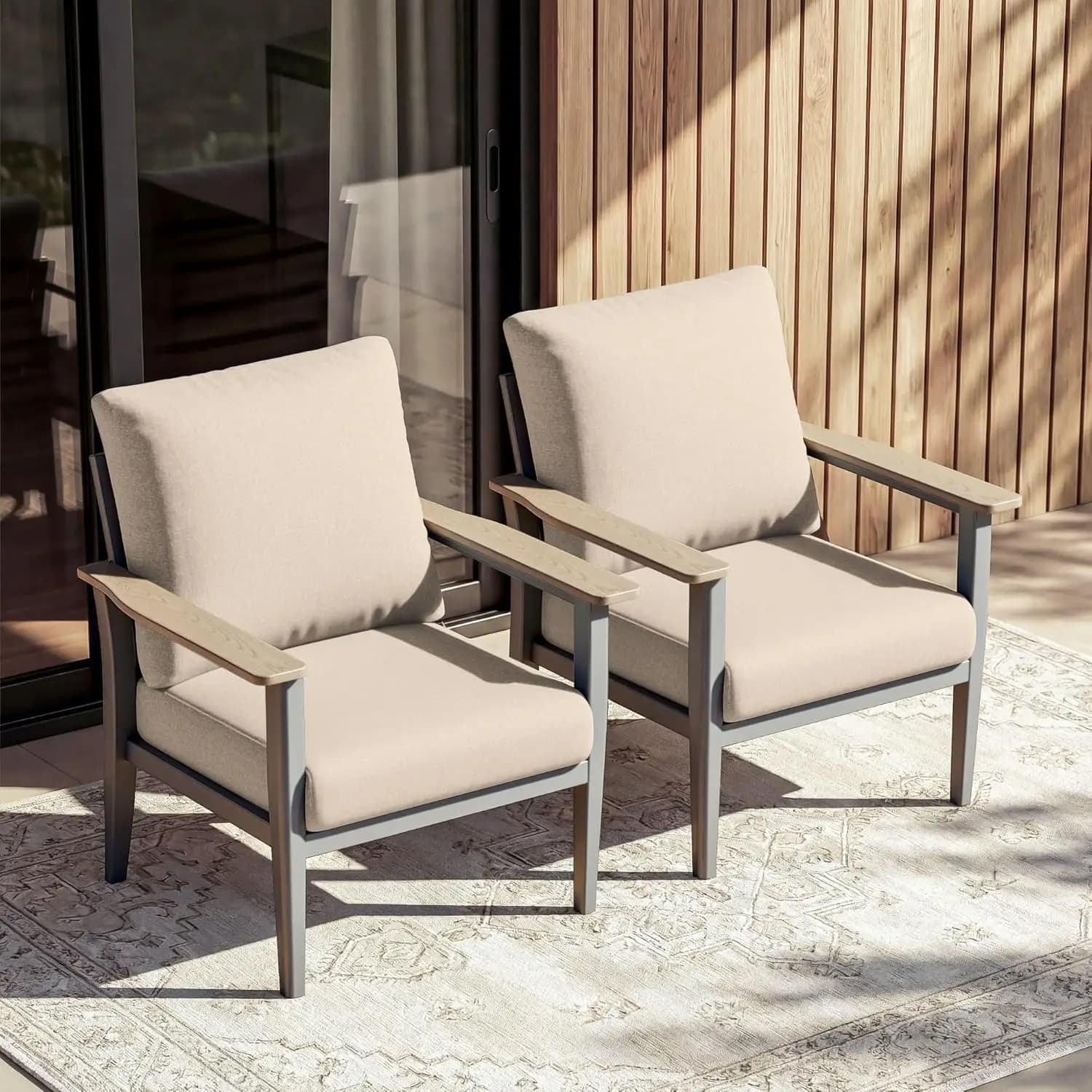 Aluminum Patio Chairs Set of 2, Modern Outdoor Armchairs with Wood-Like Armrests & 5.1" Thick Cushions, Wide Seat, Customized