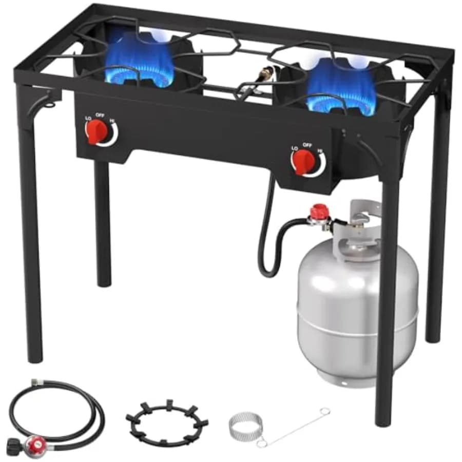 Gas cooker with 2 high pressure vents for exteriors with adjustable legs, 150,000 BTU, for camping, with 0-20 adjustment