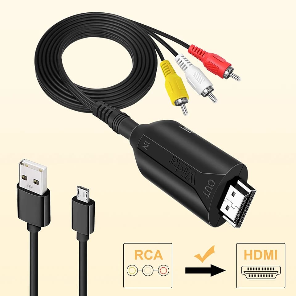Adattatore video Convertitore compatibile da RCA a HDMI Adattatore RCA AV CVBS L/R A HDMI Video 1080P AV2HD per HDTV, VHS VCR, registratori DVD