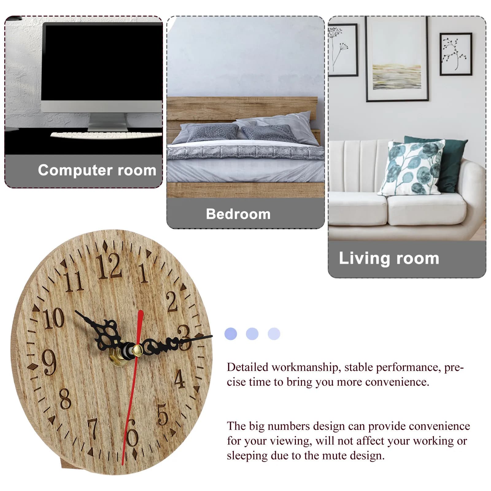 Wooden Wall Clock with Large Numbers Silent Operation Retro Style Table Clock for Bedroom Living Room Decoration