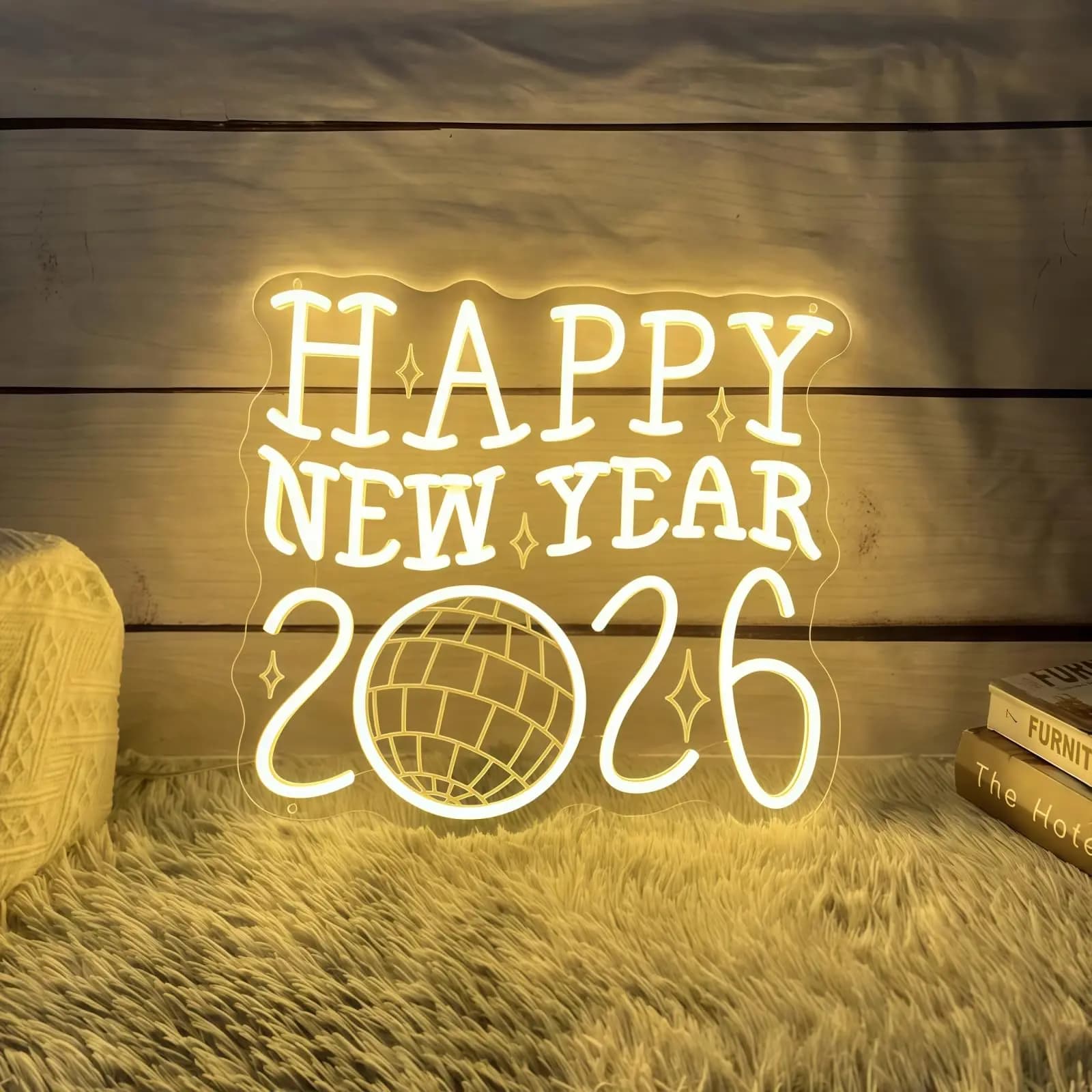 Felice Anno Nuovo 2026 Insegna al neon con palla da discoteca dimmerabile LED illuminato per la decorazione della parete Regalo per la casa della festa di Natale di Capodanno retrò