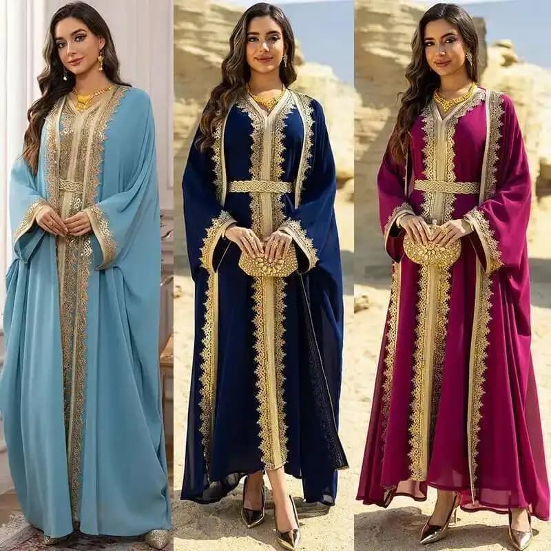 Abaya Ab465 da donna, set due pezzi estivo con cintura, in chiffon e pizzo, elegante e lussuoso, stile Dubai, per Ramadan
