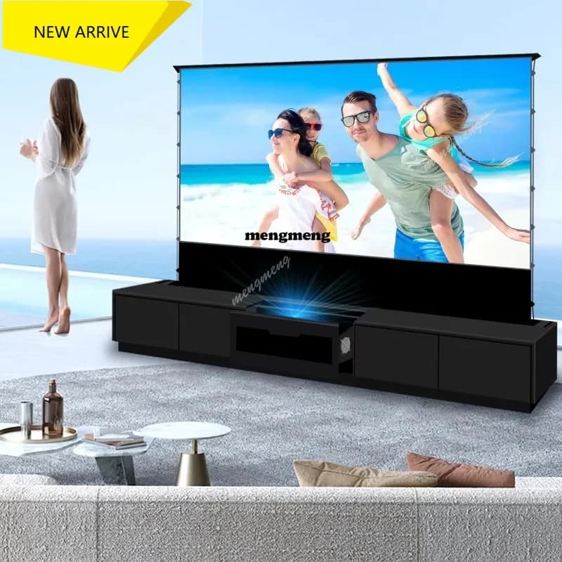 M138 Mobiletto TV Laser Smart Nero da 120'' + Schermo per Proiettore UST ALR Motorizzato a Scomparsa da Terra per Proiettore Laser a Ottica Ultra Corta