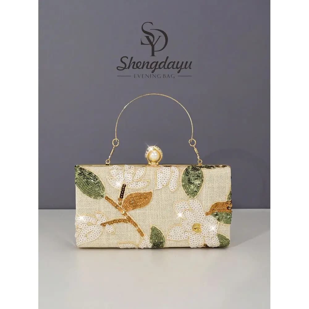 Floral Sequin Embroidered Clutch Bag, Elegant Metal Handle Evening Handbag, Suitable For Womens Wedding And Party Random Cut