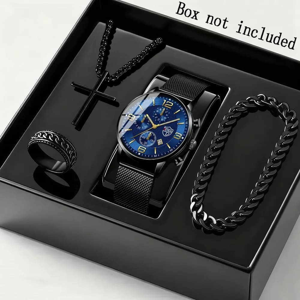 4pcs/set Men'S Elegant Quartz Watch & Bracelet set | Stainless Steel | Casual Watch | Business Watch Men Necklace