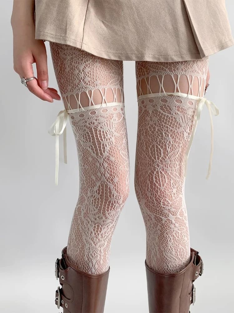Nuovo design beige collant donna sexy vedere attraverso la maglia calze a rete trasparenti JK uniforme papillon cinturino in pizzo fondo collant