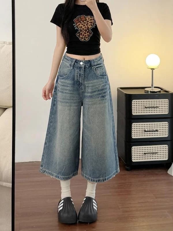 Jeans Larghi da Donna a Gamba Larga, Lunghezza 7/8, Nuovo Stile Estivo, Taglie Forti, Comodi, a Vita Alta, Taglio Dritto in Denim